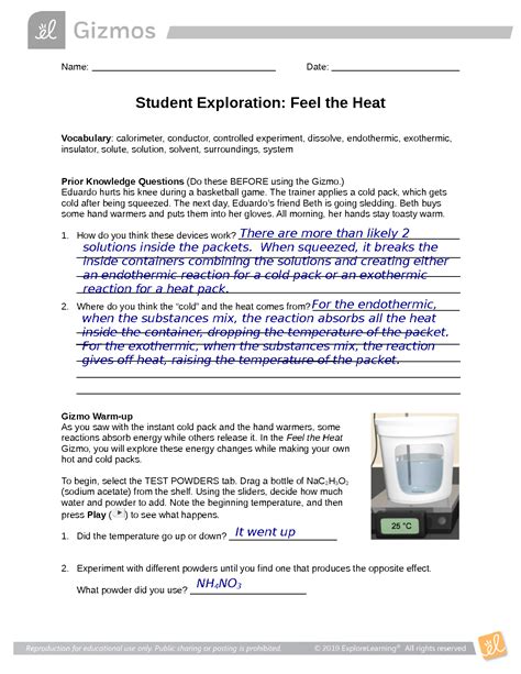 Experiment with different powders until you find one that produces the opposite effect. . Feel the heat gizmo answer key activity c